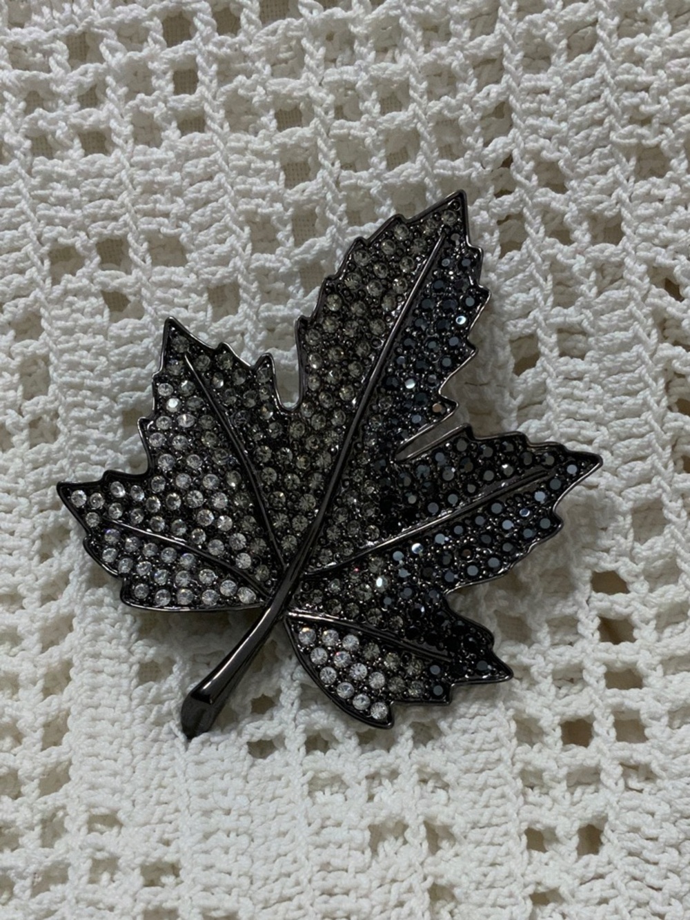 Kenneth Jay Lane Black and Clear Crystal Leaf Brooch